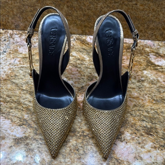 Versace Gold Slingback Heels with Pointed Toe - Picture 1 of 14